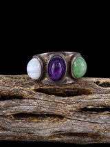 Old Estate Sterling Silver Agate, Amethyst and Jadeite Ring, Size 7