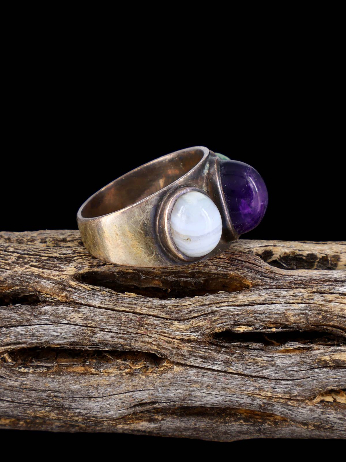 Old Estate Sterling Silver Agate, Amethyst and Jadeite Ring, Size 7