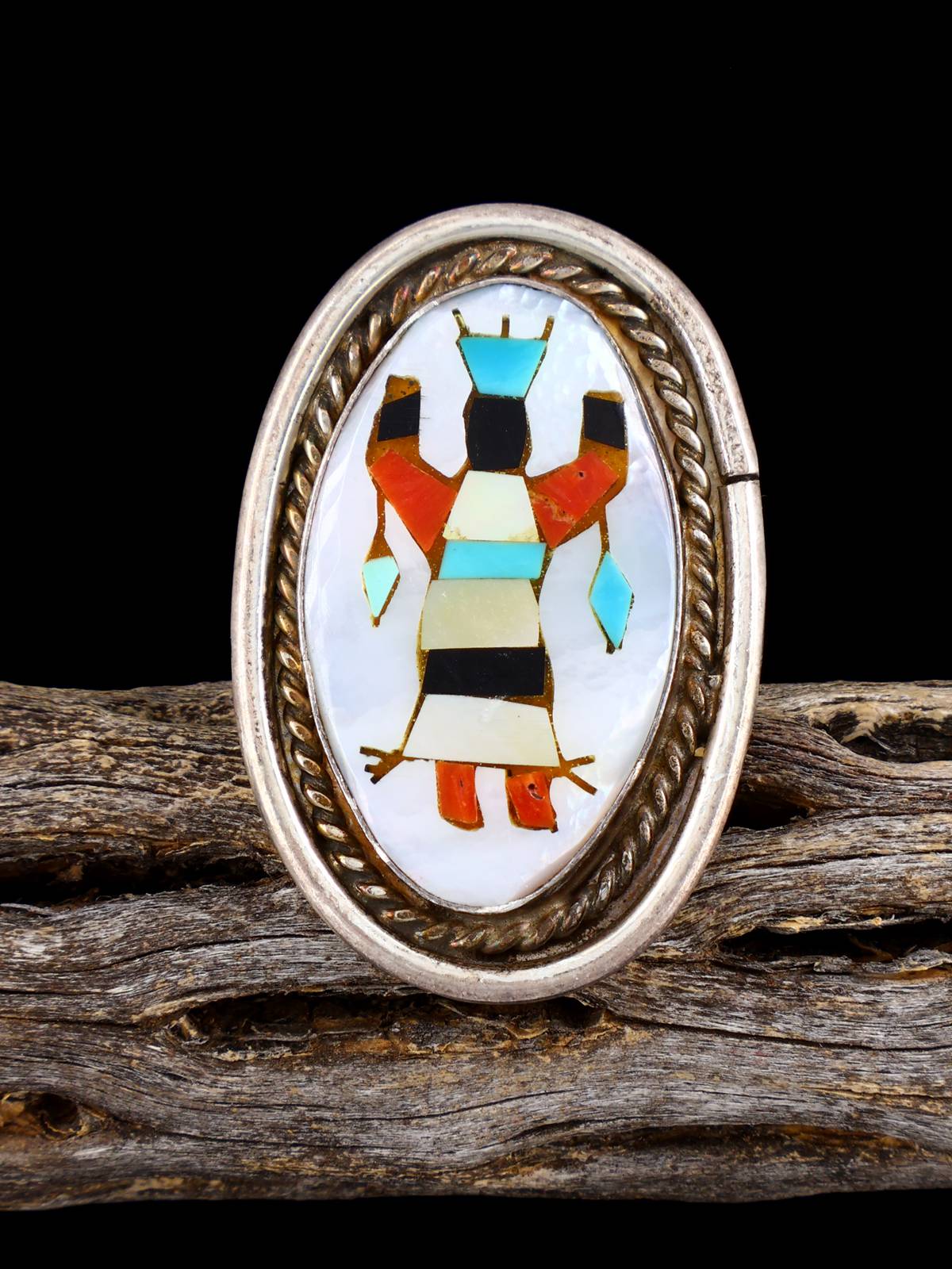 Vintage Native Sterling Silver Multistone Navajo Inlay Ghan Dancer Ring, Size 6 1/2 - PuebloDirect.com