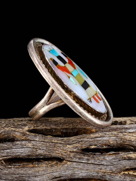Vintage Native Sterling Silver Multistone Navajo Inlay Ghan Dancer Ring, Size 6 1/2 - PuebloDirect.com