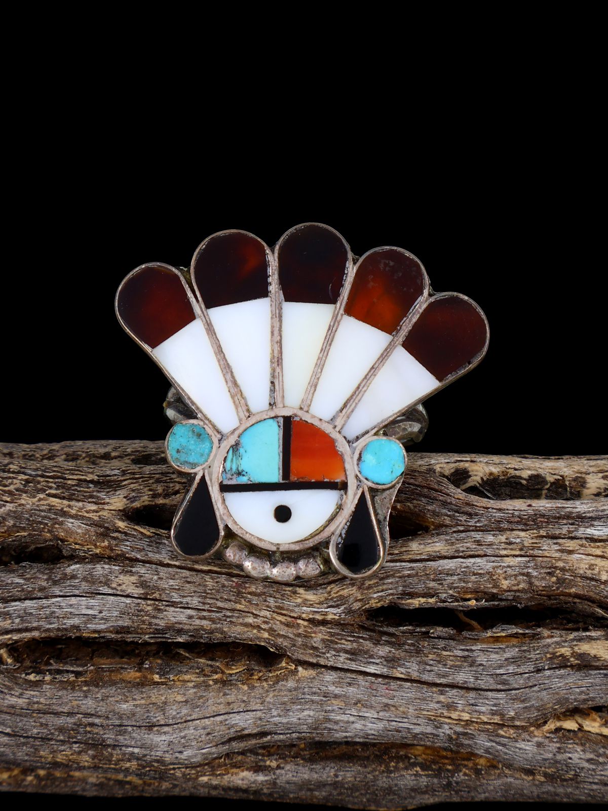 Old Estate Sterling Silver Sunface Zuni Inlay Ring, Size 7 1/4 - PuebloDirect.com