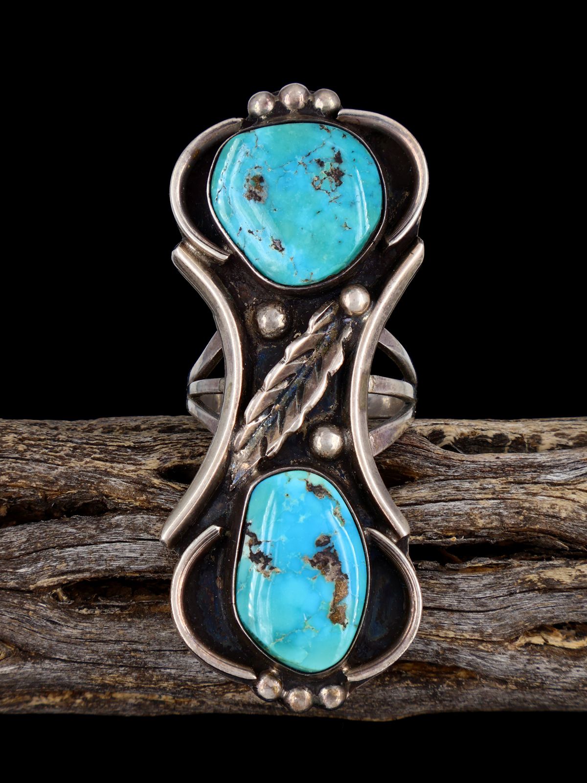 Old Sterling Silver Two Stone Turquoise Ring, Size 8 - PuebloDirect.com
