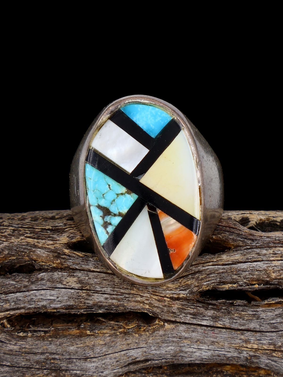 Vintage Sterling Silver Multistone Zuni Inlay Ring, Size 8 - PuebloDirect.com