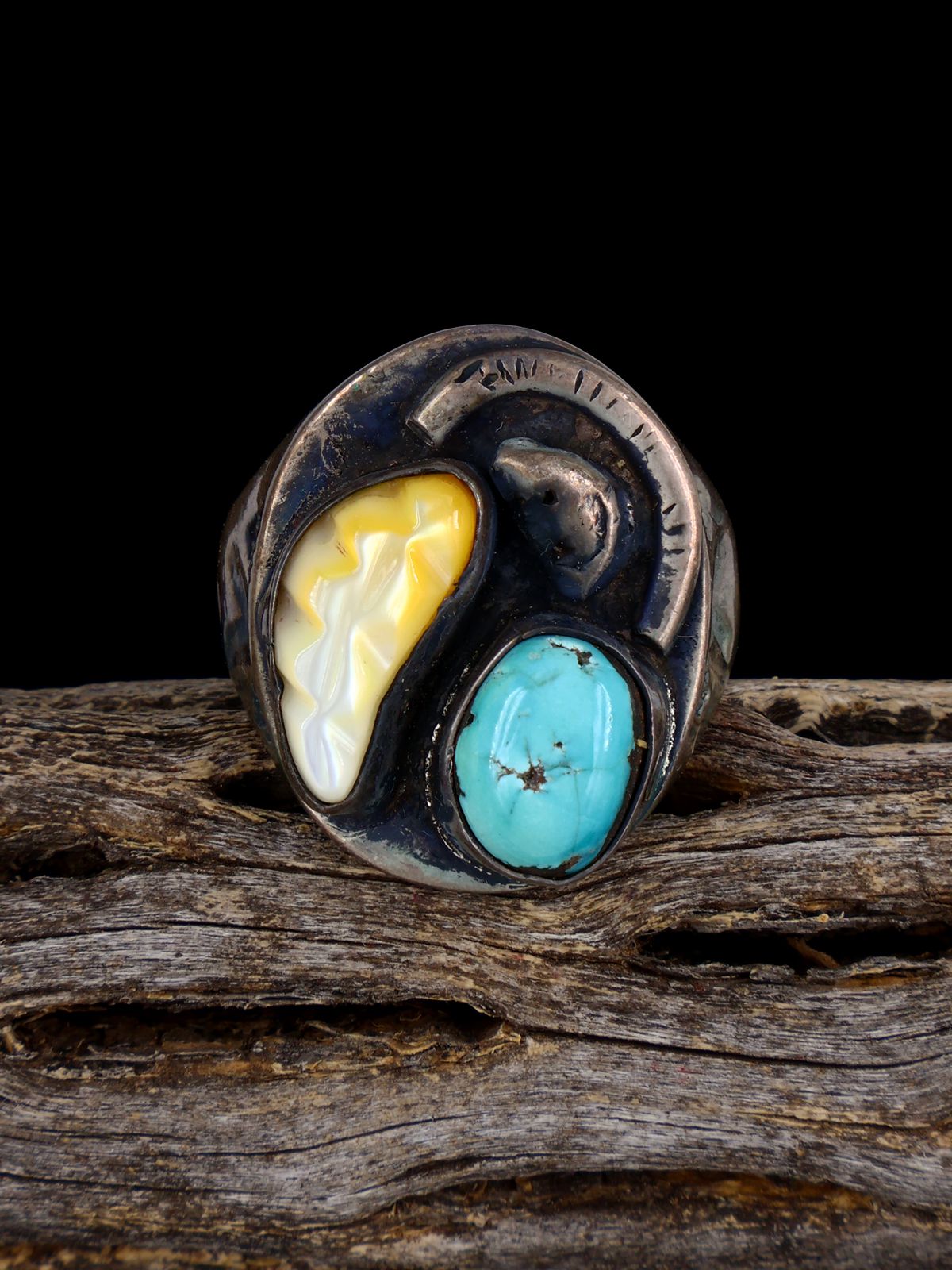 Vintage Sterling Silver Turquoise and Mother of Pearl Ring, Size 9 1/2 - PuebloDirect.com