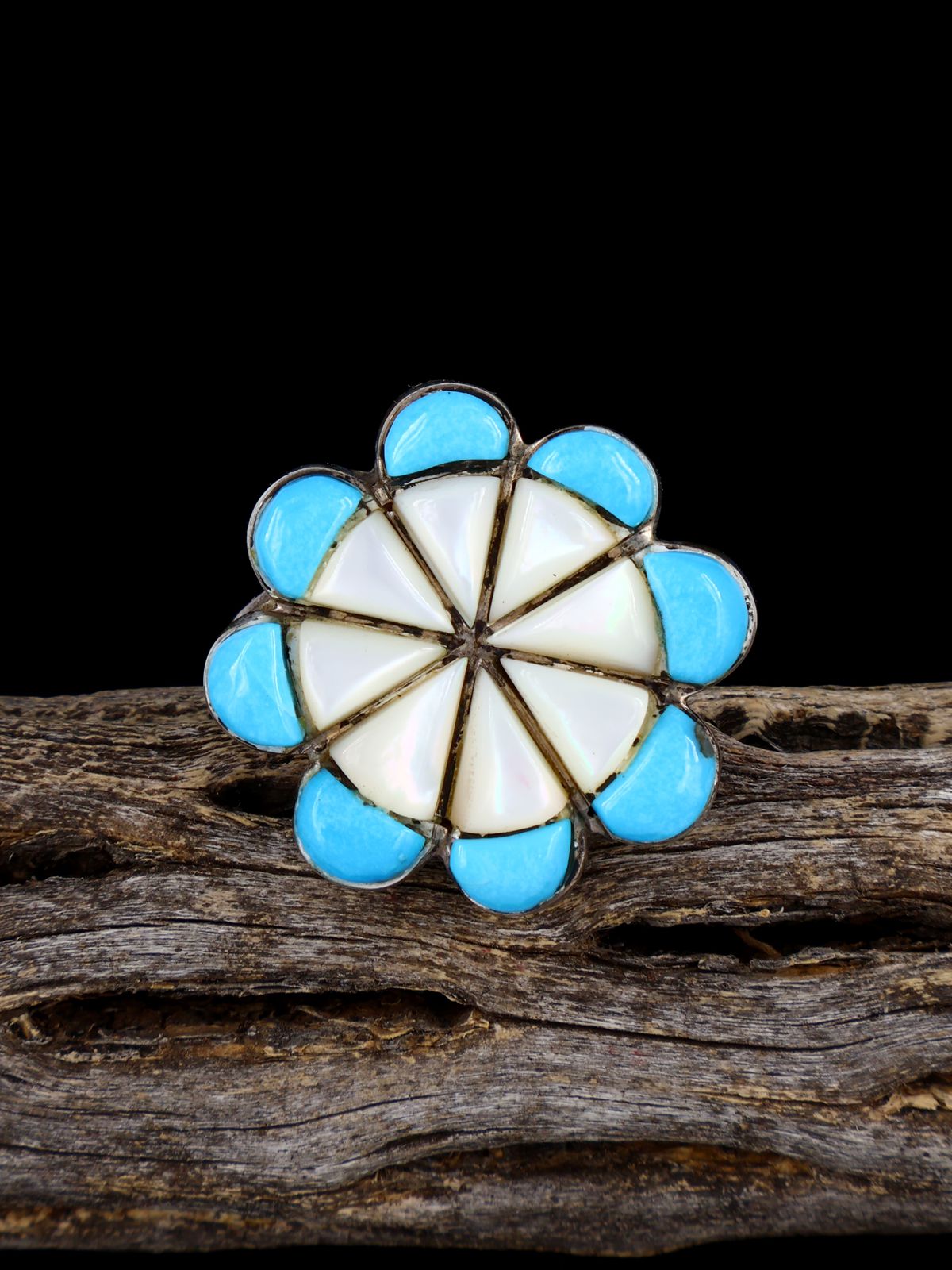 Estate Sterling Silver Mother of Peal and Turquoise Inlay Ring, Size 9 - PuebloDirect.com
