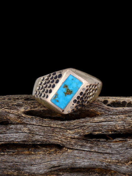 Old Sterling Silver Turquoise Inlay Ring, Size 7 1/2 - PuebloDirect.com