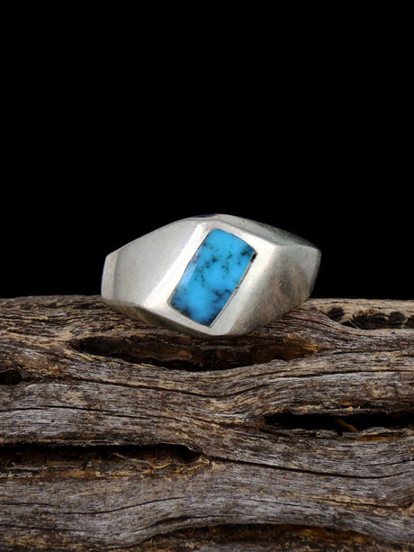 Old Sterling Silver Turquoise Inlay Ring, Size 7 3/4 - PuebloDirect.com