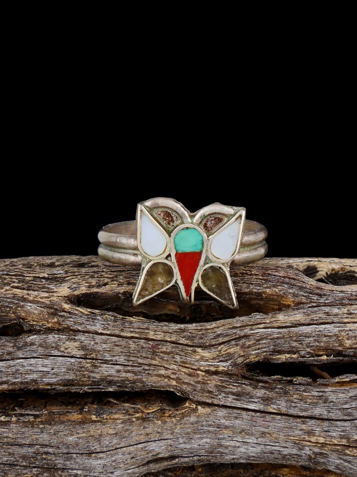 Old Estate Sterling Silver Butterfly Inlay Ring, Size 5 1/2 - PuebloDirect.com