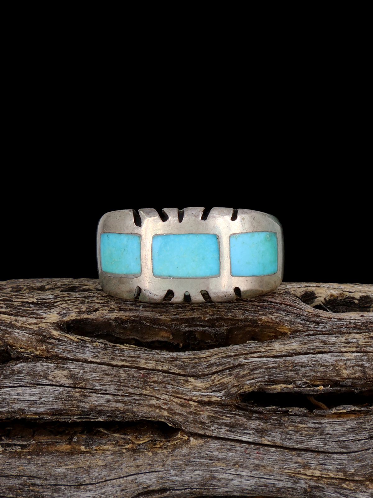 Old Sterling Silver Turquoise Inlay Ring, Size 6 1/4 - PuebloDirect.com