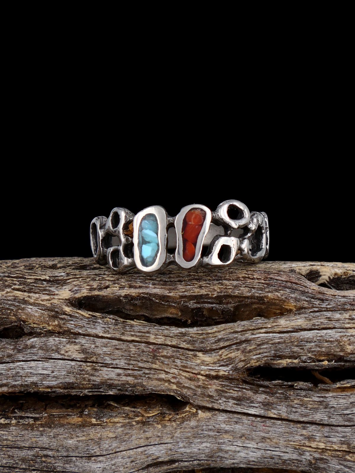 Old Sterling Silver Turquoise and Coral Chip Inlay Ring, Size 5 - PuebloDirect.com