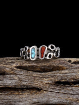 Old Sterling Silver Turquoise and Coral Chip Inlay Ring, Size 5 - PuebloDirect.com