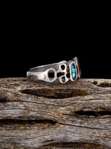 Old Sterling Silver Turquoise and Coral Chip Inlay Ring, Size 5 - PuebloDirect.com