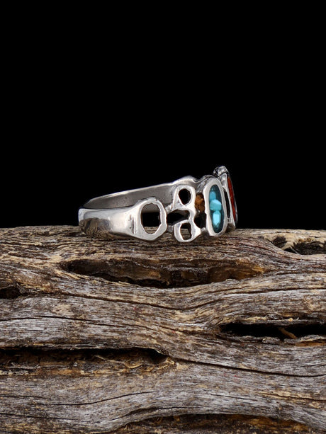 Old Sterling Silver Turquoise and Coral Chip Inlay Ring, Size 5 - PuebloDirect.com