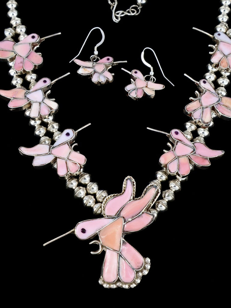 Native American Pink Conch Hummingbird Necklace and Earring Set - PuebloDirect.com