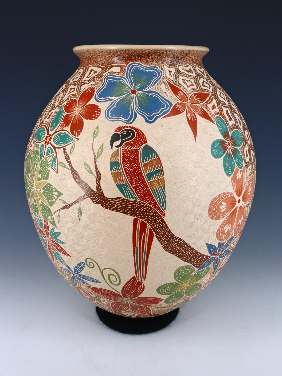 Mata Ortiz Hand Coiled Pottery Painted Parrot Vase