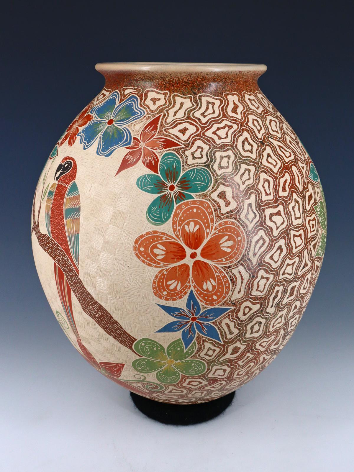 Mata Ortiz Hand Coiled Pottery Painted Parrot Vase