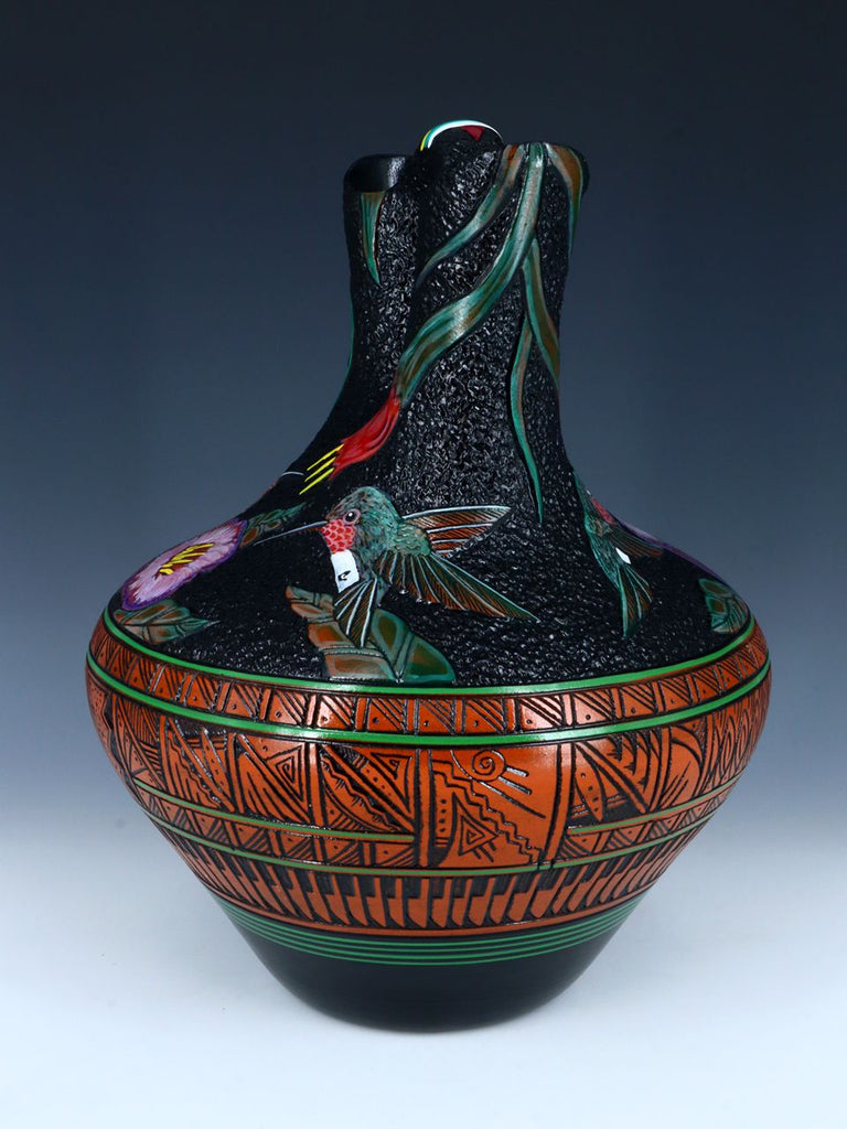Large Navajo Hummingbird Hand Etched Pottery Wedding Vase - PuebloDirect.com