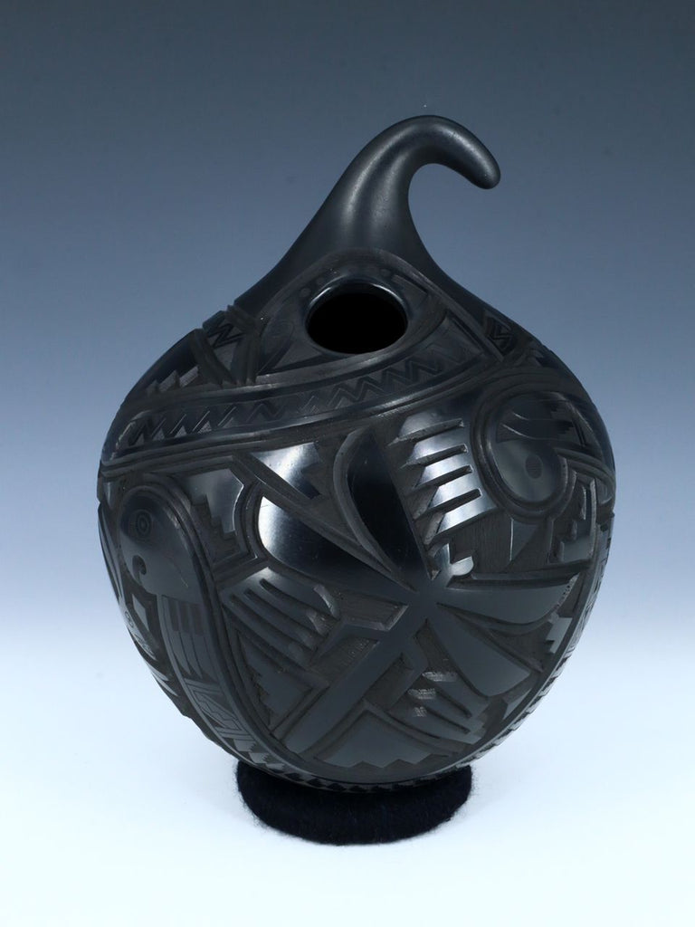 Large Mata Ortiz Hand Coiled Black Carved Pottery Vase - PuebloDirect.com