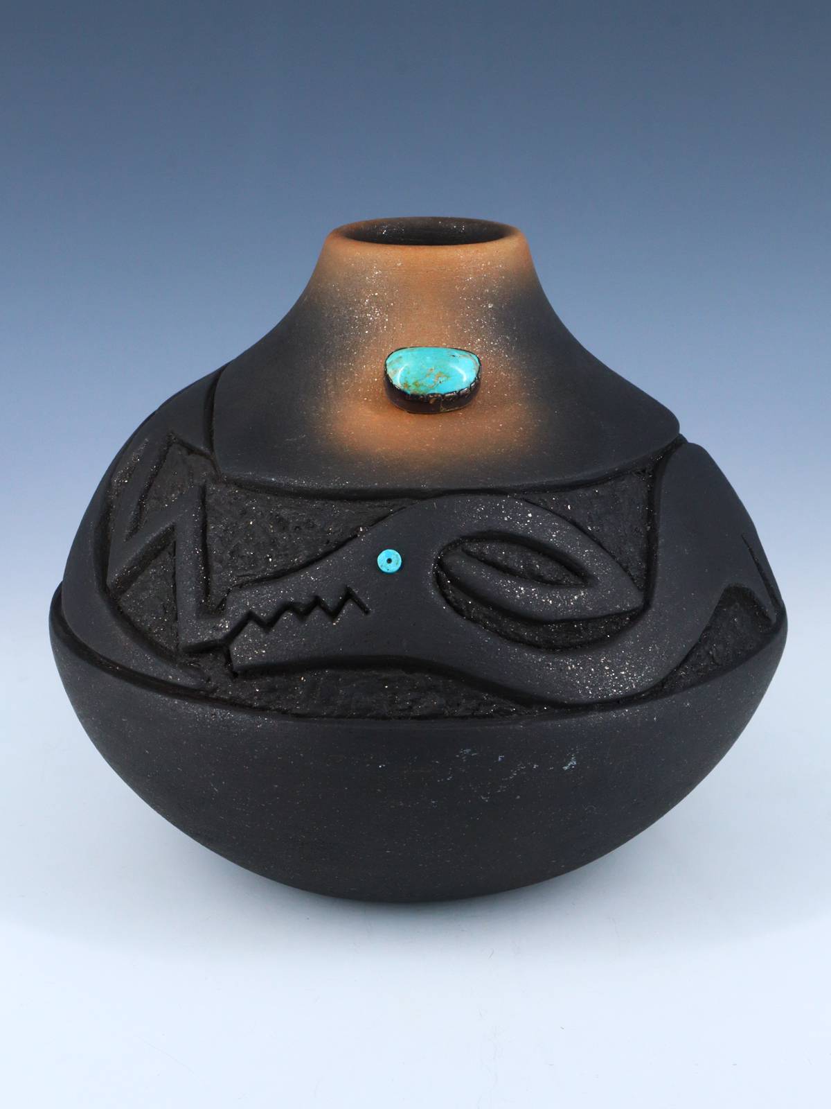 Vintage San Ildefonso Pueblo Incised Avanyu Black Clay Pottery