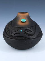 Vintage San Ildefonso Pueblo Incised Avanyu Black Clay Pottery