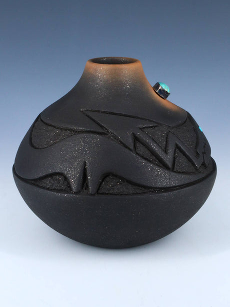 Vintage San Ildefonso Pueblo Incised Avanyu Black Clay Pottery