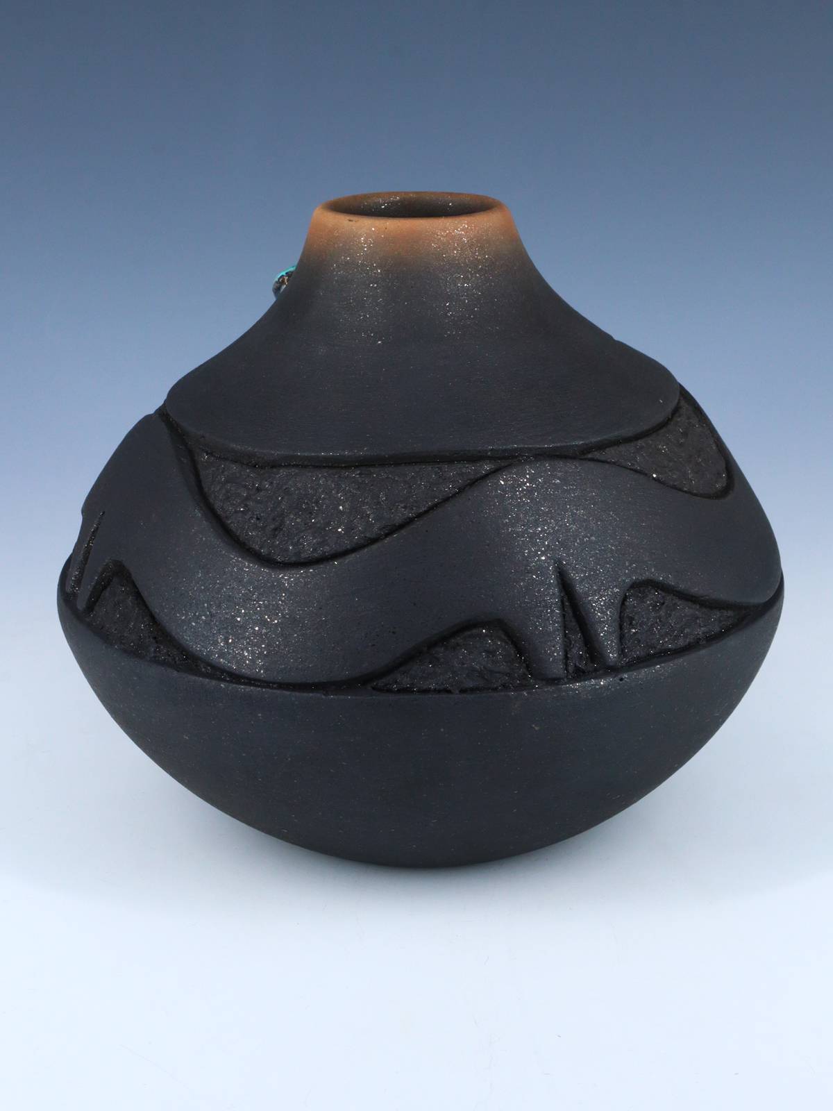 Vintage San Ildefonso Pueblo Incised Avanyu Black Clay Pottery