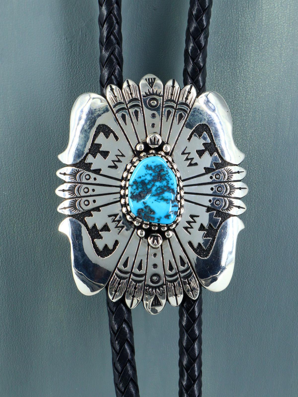 Native American Indian Sterling Silver Turquoise Bolo Tie - PuebloDirect.com