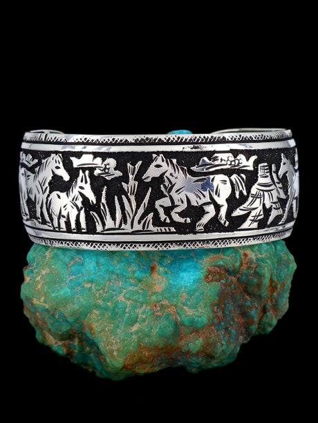Native American Sterling Silver Overlay Horse Bracelet - PuebloDirect.com