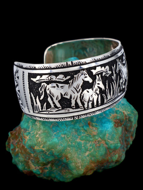 Native American Sterling Silver Overlay Horse Bracelet - PuebloDirect.com