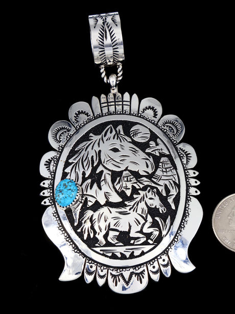 Native American Sterling Silver Turquoise Horse Pendant - PuebloDirect.com