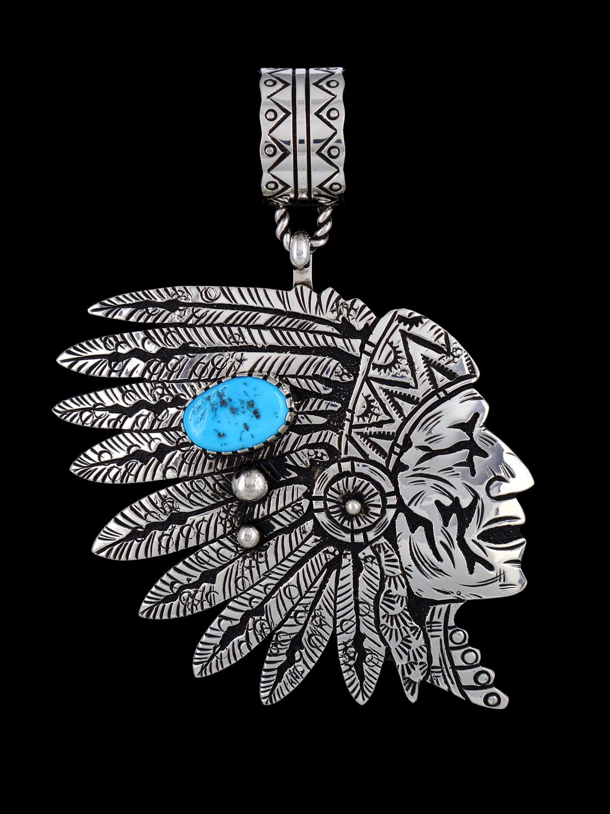 Large Native American Sterling Silver Overlay Chief Pendant