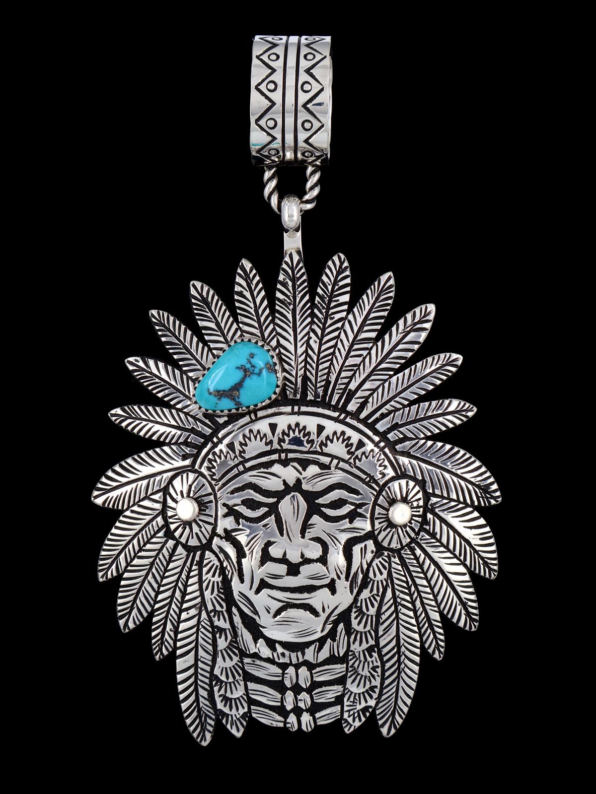 Large Native American Sterling Silver Overlay Chief Pendant