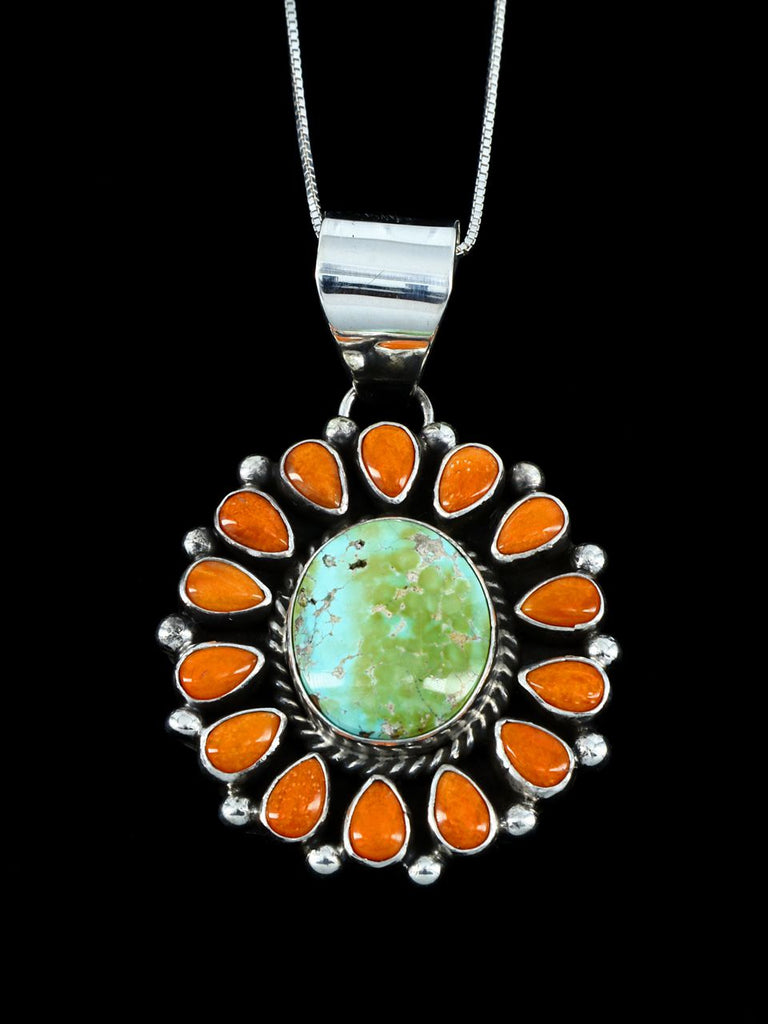 Native American Sterling Silver Turquoise and Spiny Oyster Cluster Pendant - PuebloDirect.com