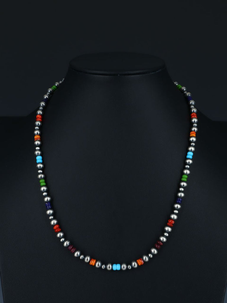 20" Multistone Sterling Silver Bead Choker Necklace - PuebloDirect.com