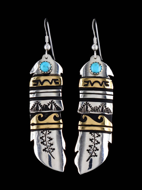 Navajo Overlay Sterling Silver and Gold Dangle Earrings - PuebloDirect.com