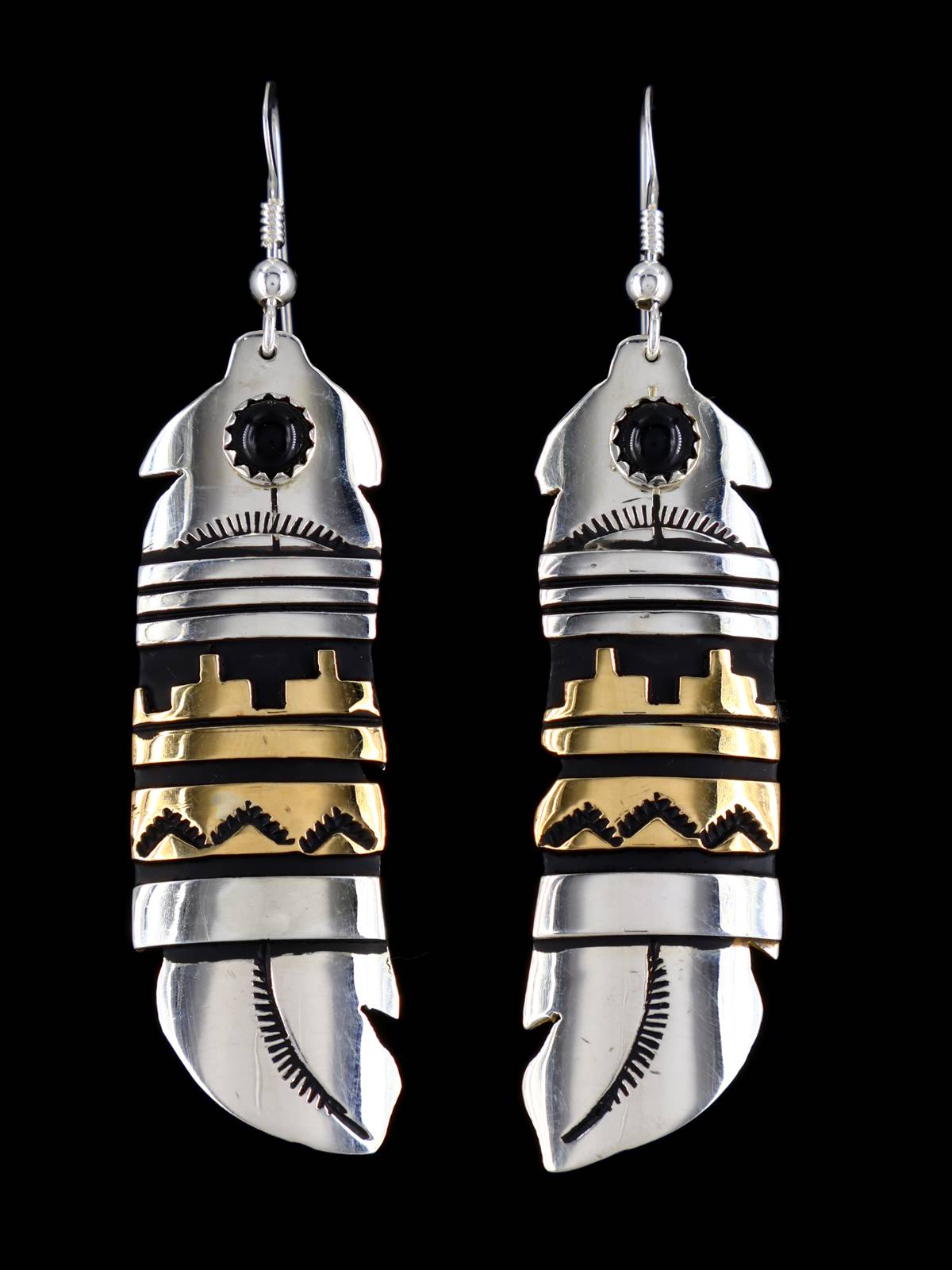 Navajo Overlay Sterling Silver and Gold Dangle Earrings