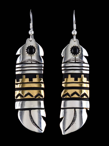 Navajo Overlay Sterling Silver and Gold Dangle Earrings