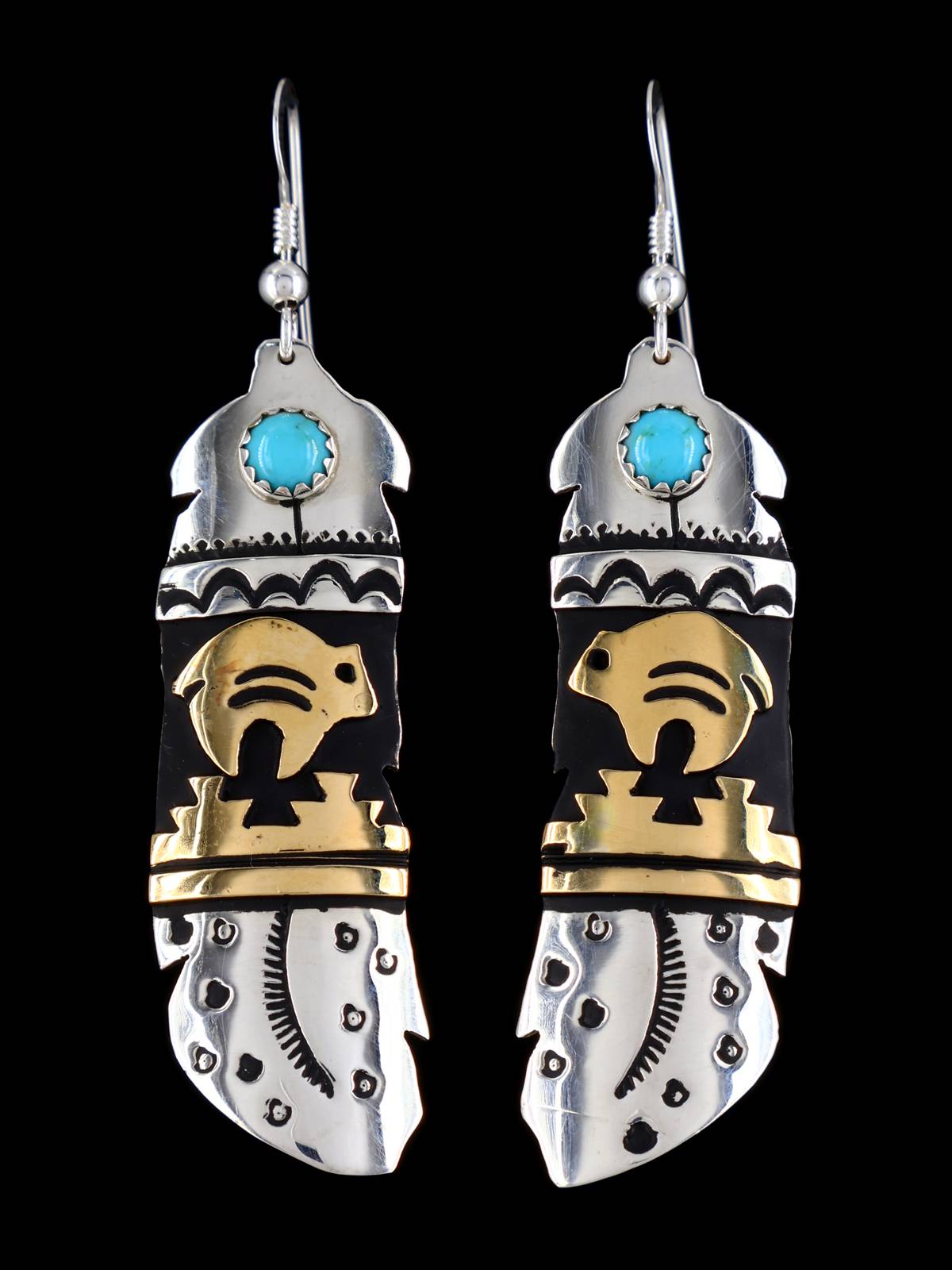Navajo Overlay Sterling Silver and Gold Dangle Earrings