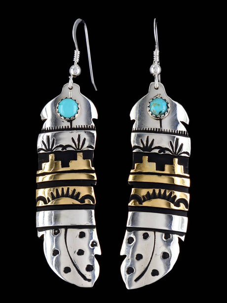 Navajo Overlay Sterling Silver and Gold Dangle Earrings - PuebloDirect.com