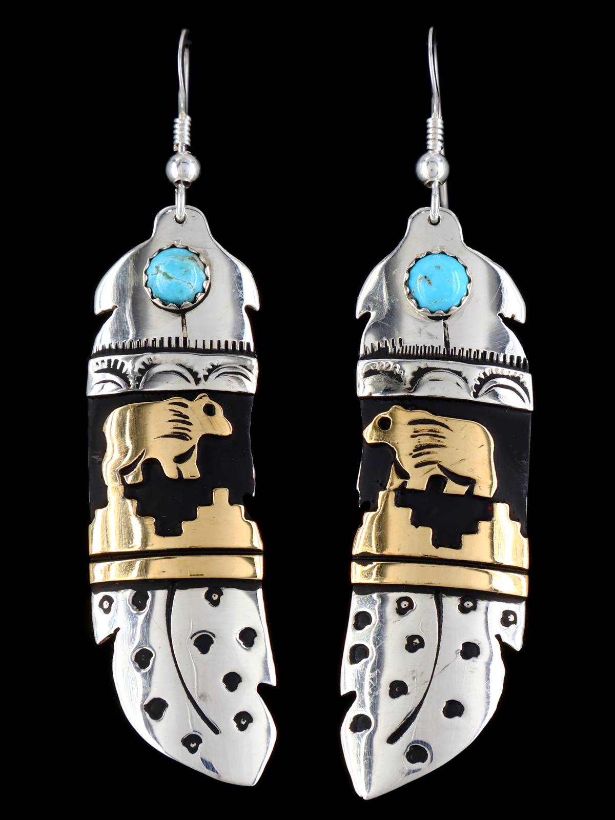 Navajo Overlay Sterling Silver and Gold Dangle Earrings