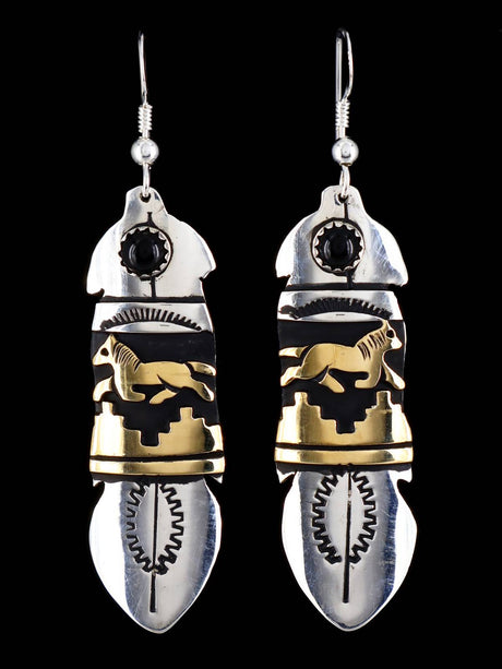 Navajo Overlay Sterling Silver and Gold Dangle Earrings - PuebloDirect.com