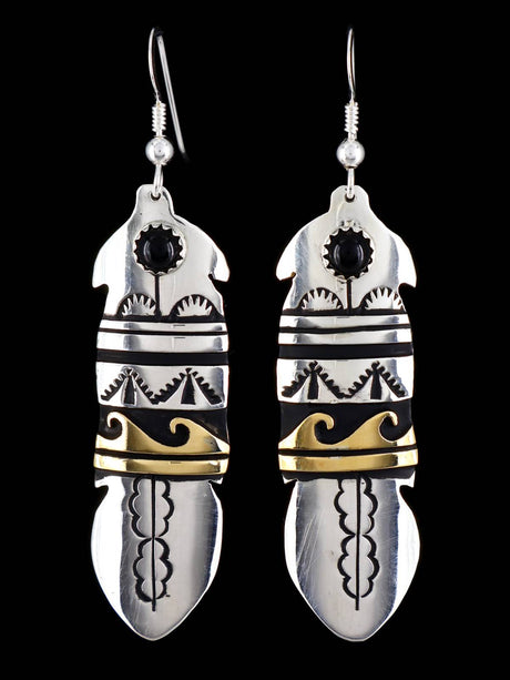 Navajo Overlay Sterling Silver and Gold Dangle Earrings - PuebloDirect.com