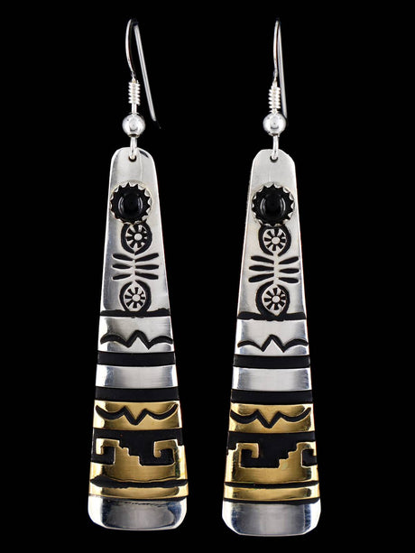 Navajo Overlay Sterling Silver and Gold Dangle Earrings - PuebloDirect.com