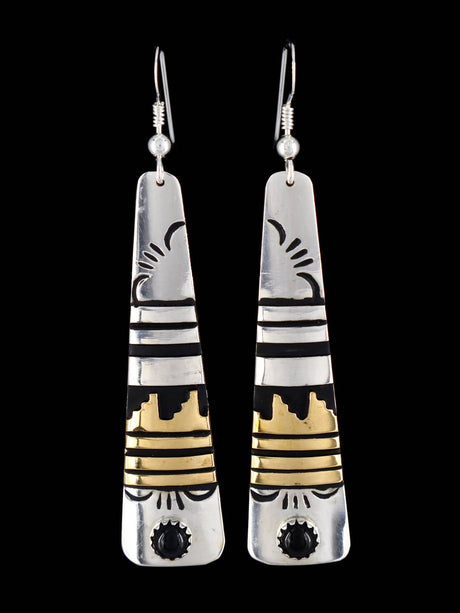 Navajo Overlay Sterling Silver and Gold Dangle Earrings - PuebloDirect.com
