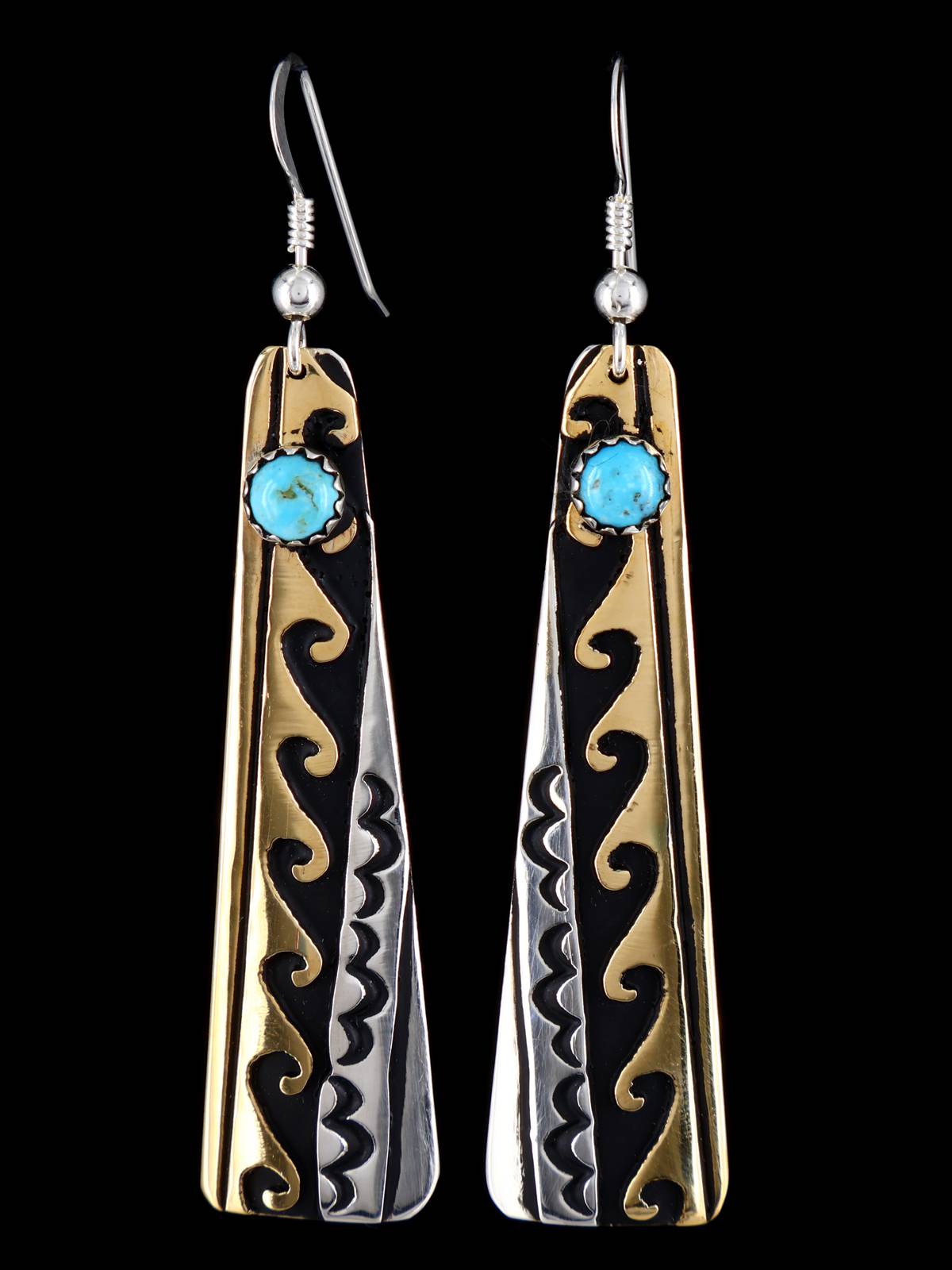 Navajo Overlay Sterling Silver and Gold Dangle Earrings