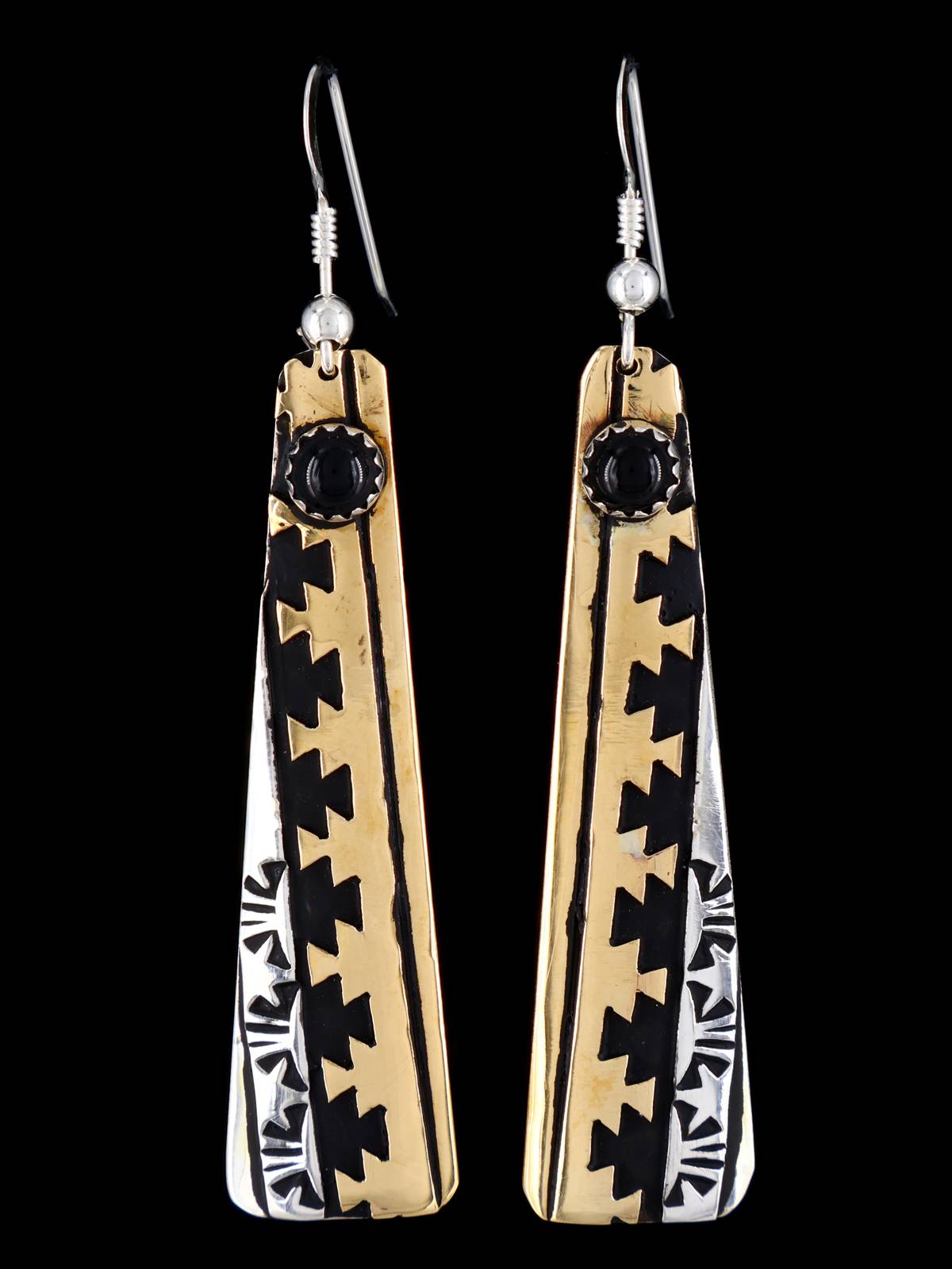 Navajo Overlay Sterling Silver and Gold Dangle Earrings