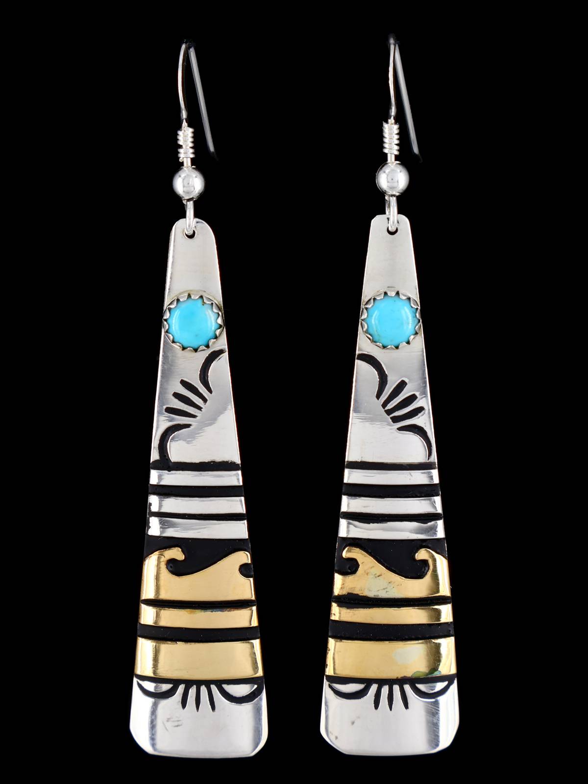 Navajo Overlay Sterling Silver and Gold Dangle Earrings