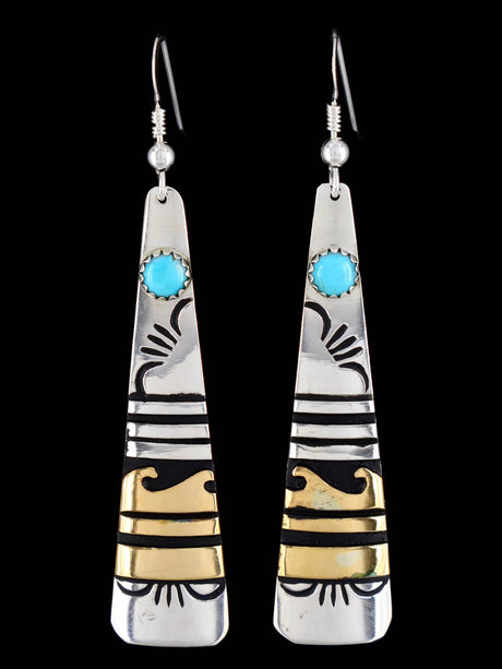 Navajo Overlay Sterling Silver and Gold Dangle Earrings - PuebloDirect.com