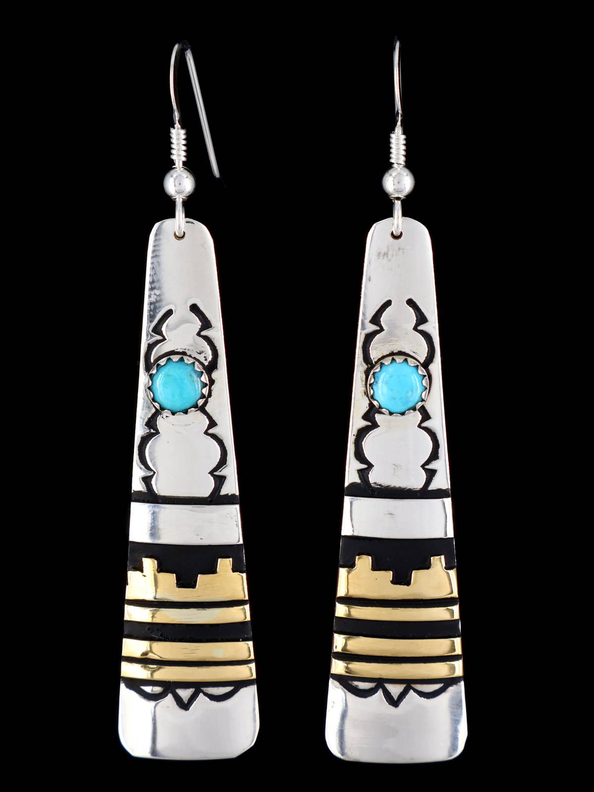 Navajo Overlay Sterling Silver and Gold Dangle Earrings