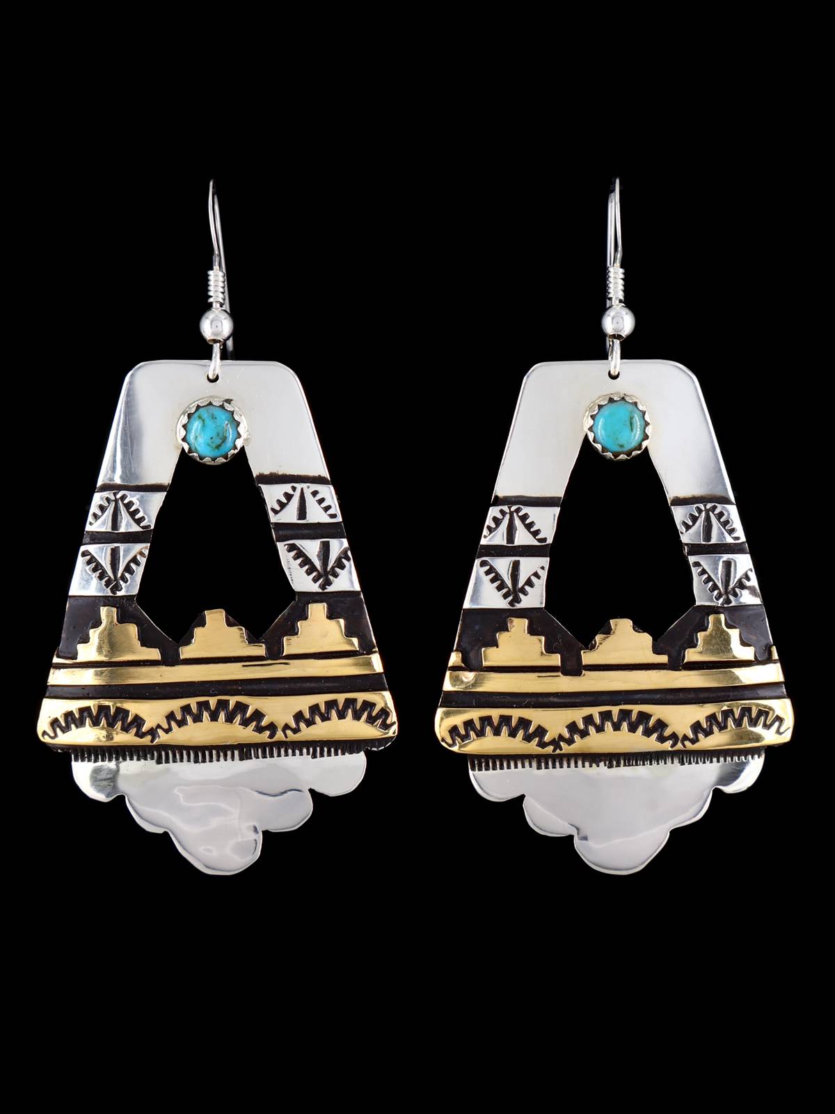 Navajo Overlay Sterling Silver and Gold Dangle Earrings
